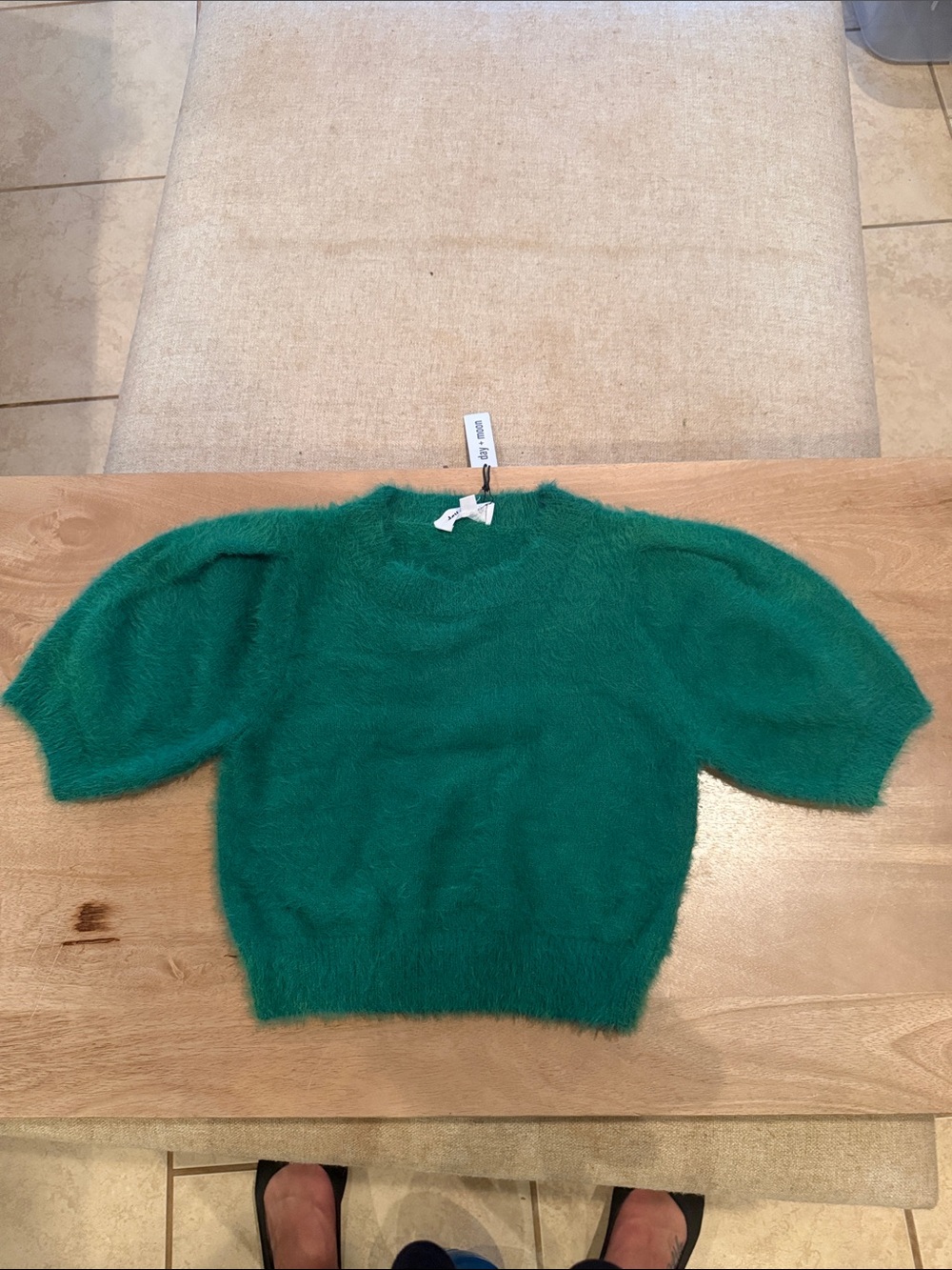 Green Fuzzy Short-Sleeve Crewneck Sweater